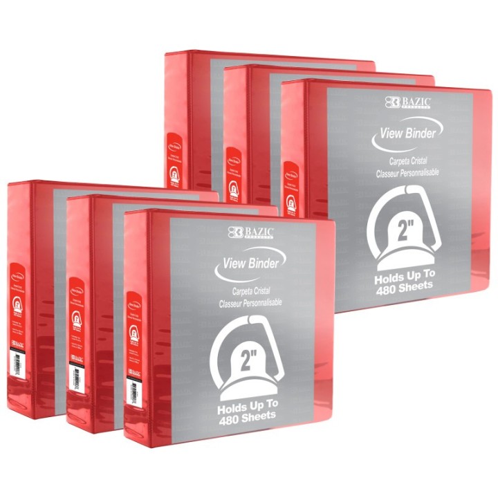 BAZIC Products® Slant D Ring View Binder with 2 Pockets, 2", Red, Pack of 6