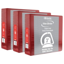 BAZIC Products® Slant D Ring View Binder with 2 Pockets, 3", Burgundy, Pack of 3