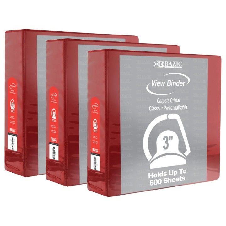 BAZIC Products® Slant D Ring View Binder with 2 Pockets, 3", Burgundy, Pack of 3