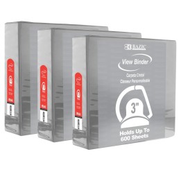 BAZIC Products® Slant D Ring View Binder with 2 Pockets, 3", Gray, Pack of 3
