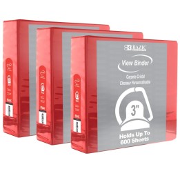 BAZIC Products® Slant D Ring View Binder with 2 Pockets, 3", Red, Pack of 3