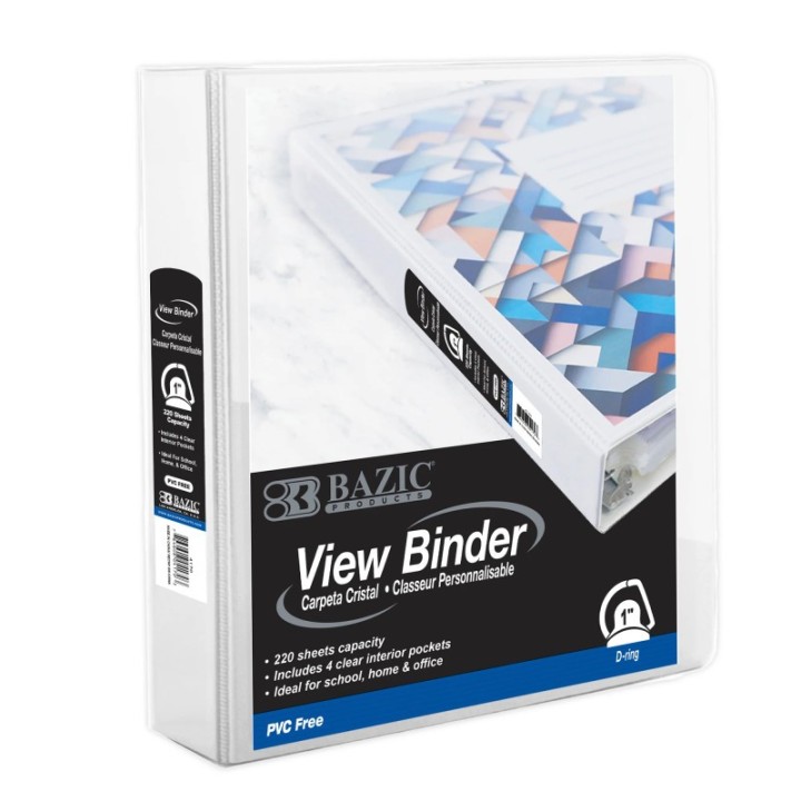 BAZIC Products® PVC-Free Slant-D Ring View Binder with 4-Pockets, 1", White