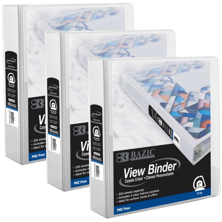 BAZIC Products® PVC-Free Slant-D Ring View Binder with 4-Pockets, 1", White, Pack of 3