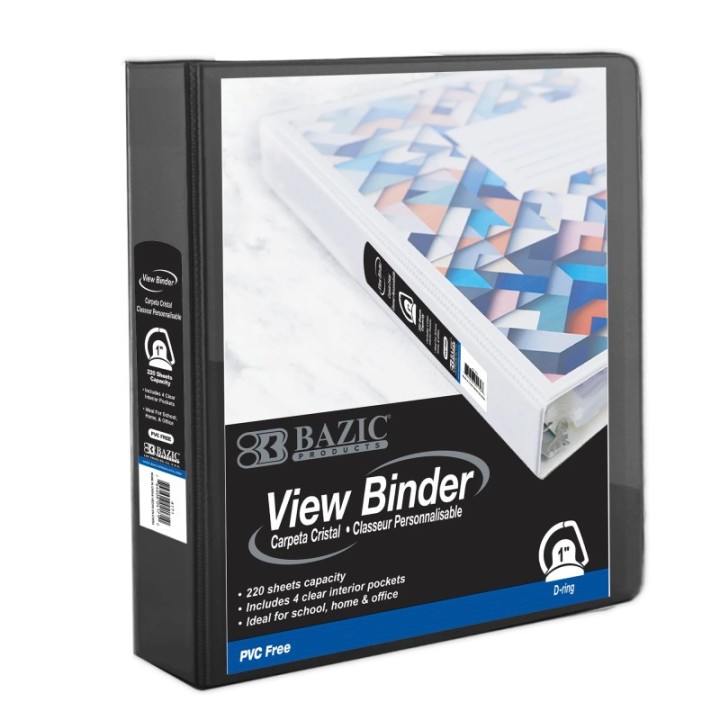BAZIC Products® PVC-Free Slant-D Ring View Binder with 4-Pockets, 1", Black
