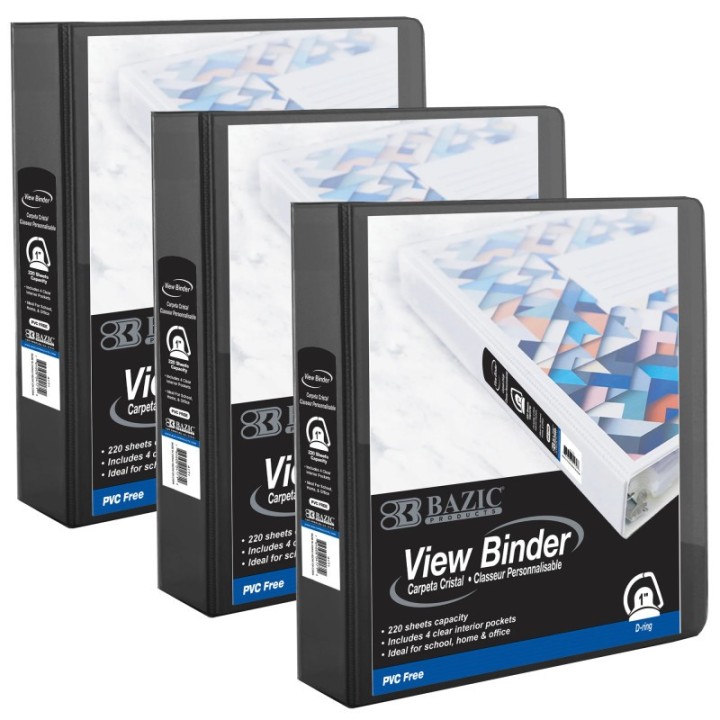 BAZIC Products® PVC-Free Slant-D Ring View Binder with 4-Pockets, 1", Black, Pack of 3