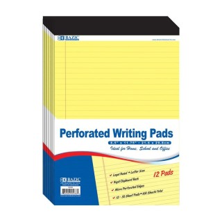BAZIC Products® Perforated Writing Pads, 8.5" x 11.75", Canary, 50 Sheets, Pack of 12