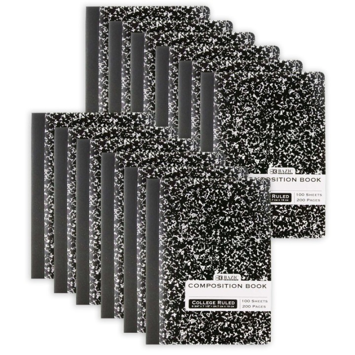 BAZIC Products® Composition Book, College Ruled, Black Marble, 100 Sheets, Pack of 12