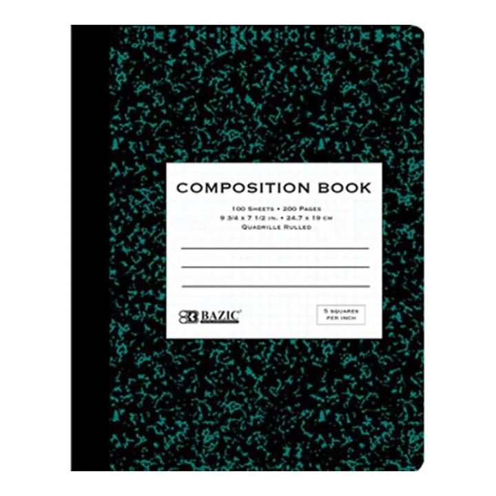 BAZIC Products® Premium Composition Book, 5-1" Quad-Ruled, Marble, 100 Sheets