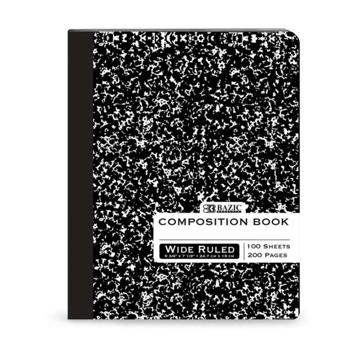 BAZIC Products® Composition Book, Wide Ruled, Black Marble, 100 Sheets