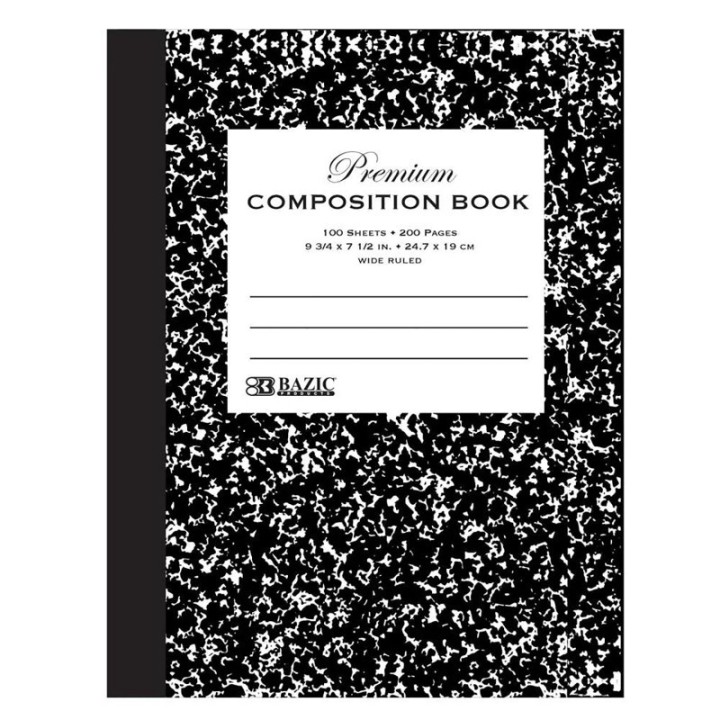 BAZIC Products® Premium Composition Book, Wide Ruled, Black Marble, 100 Sheets
