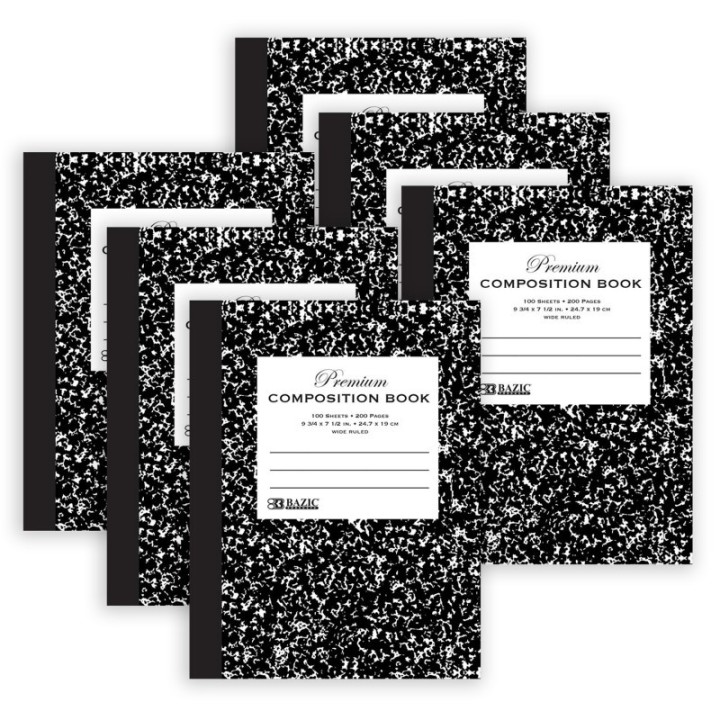 BAZIC Products® Premium Composition Book, Wide Ruled, Black Marble, 100 Sheets, Pack of 6