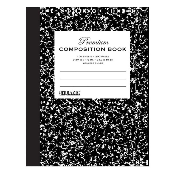 BAZIC Products® Premium Composition Book, College Ruled, Black Marble, 100 Sheets