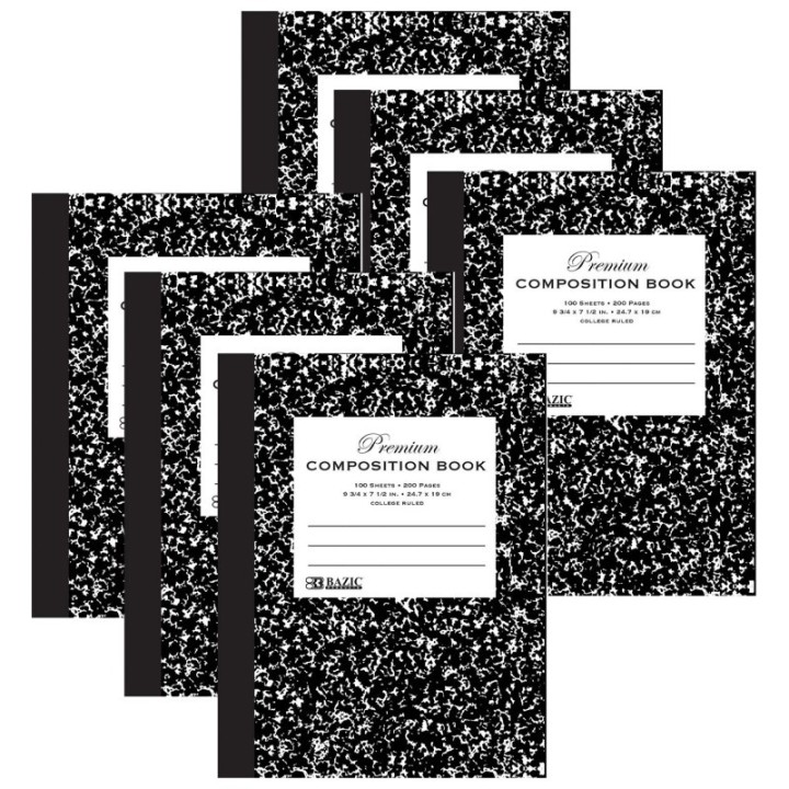 BAZIC Products® Premium Composition Book, College Ruled, Black Marble, 100 Sheets, Pack of 6