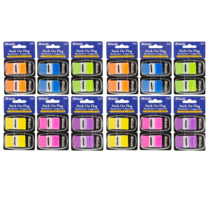 BAZIC Products® Assorted Neon Color Standard Flags with Dispenser, 60 Per Pack, 12 Packs
