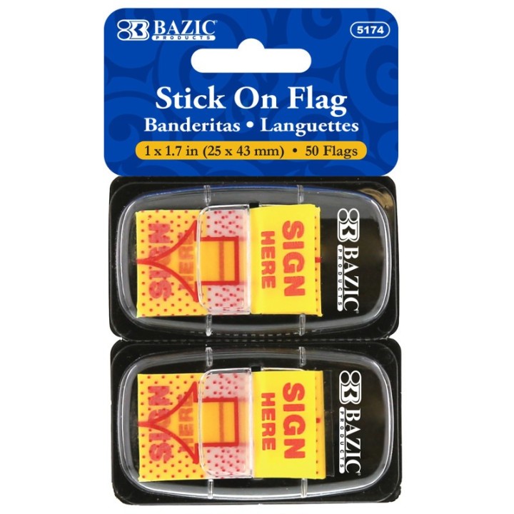 BAZIC Products® Yellow Color Printed Sign Here Flags with Dispenser, 25 ct., 2/Pack