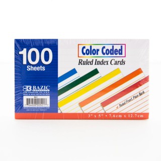 BAZIC Products® Ruled Color-Coded Index Cards, 3" x 5", 100 Ct