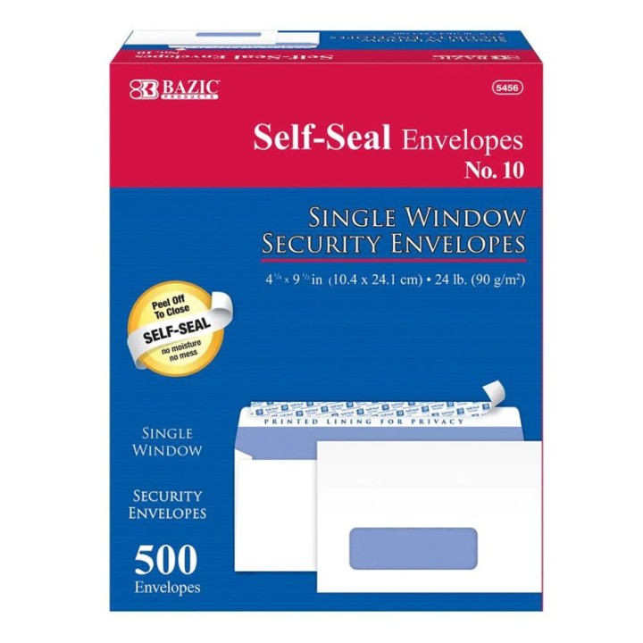 BAZIC Products® Self-Seal Security Single Window Envelopes, #10, Box of 500
