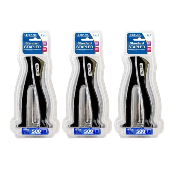 BAZIC Products® Stand-Up Standard (26/6) Full Strip Stapler with 500 Staples, Pack of 3