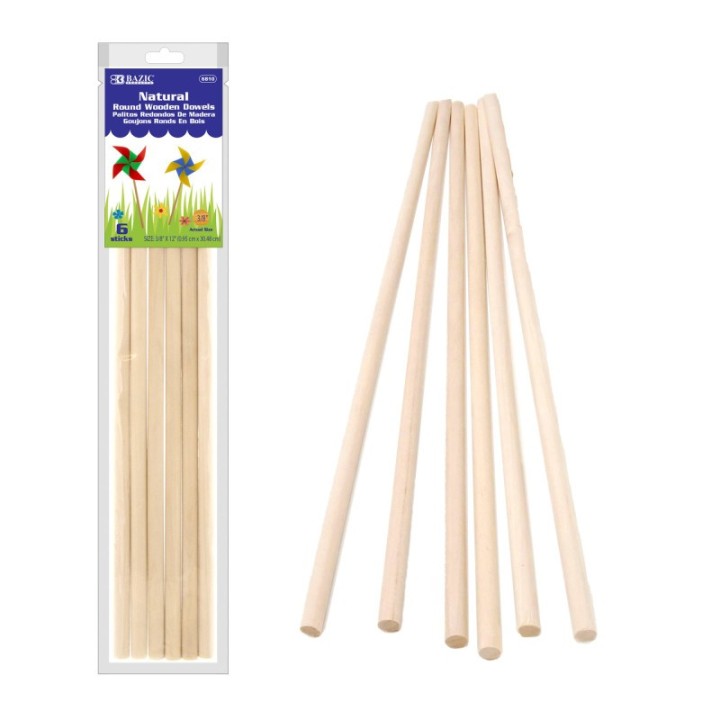 BAZIC Products® Round Natural Wooden Dowel, 3/8" x 12", Pack of 6