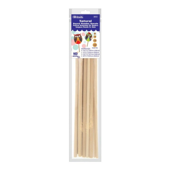BAZIC Products® Assorted Round Natural Wooden Dowel, Pack of 10