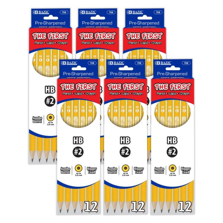 BAZIC Products® #2 The First Jumbo Premium Yellow Pencil, 12 Per Pack, 6 Packs