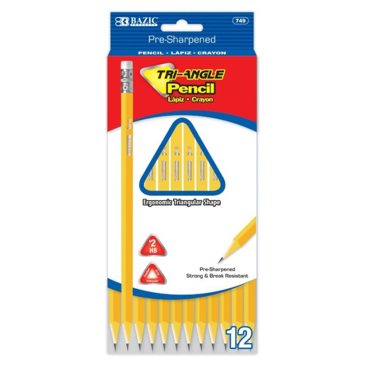 BAZIC Products® #2 Triangle Pencils, Yellow, 12 Per Pack, 24 Packs