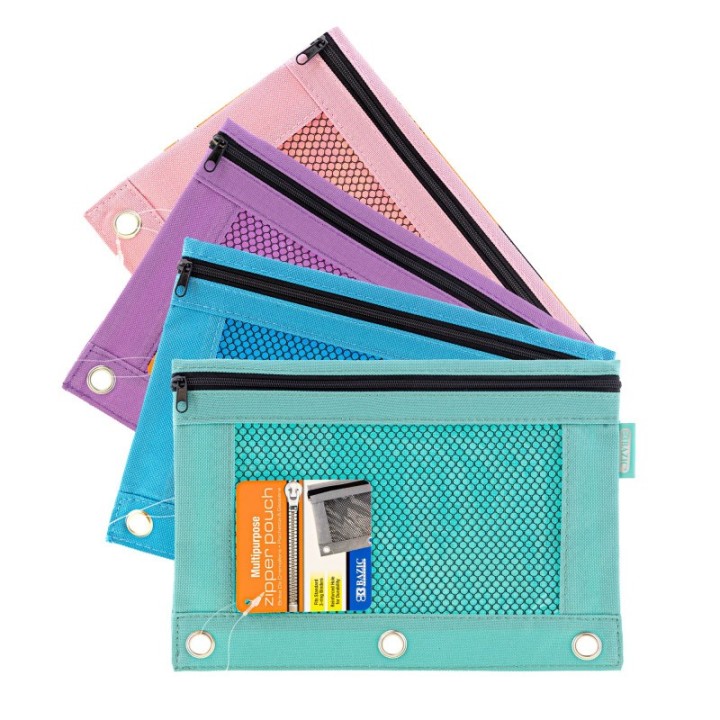BAZIC Products® 3-Ring Pencil Pouch with Mesh Window, Retro Pastel Colors, Pack of 4