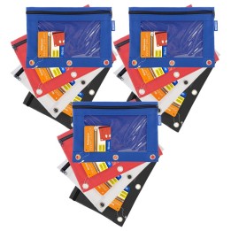 BAZIC Products® 3-Ring Pencil Pouch with Clear Window, Assorted, Pack of 12