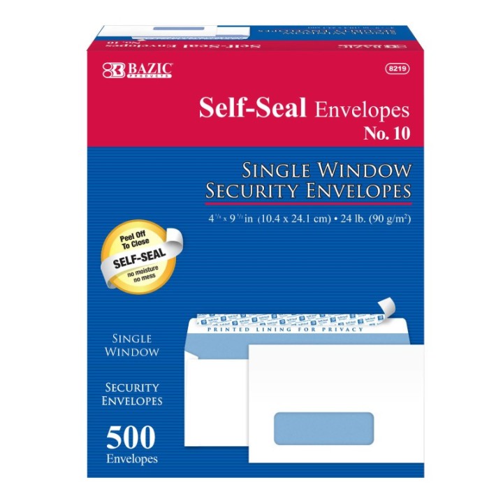 BAZIC Products® #10 Self-Seal Security Single Window Envelopes, Box of 500