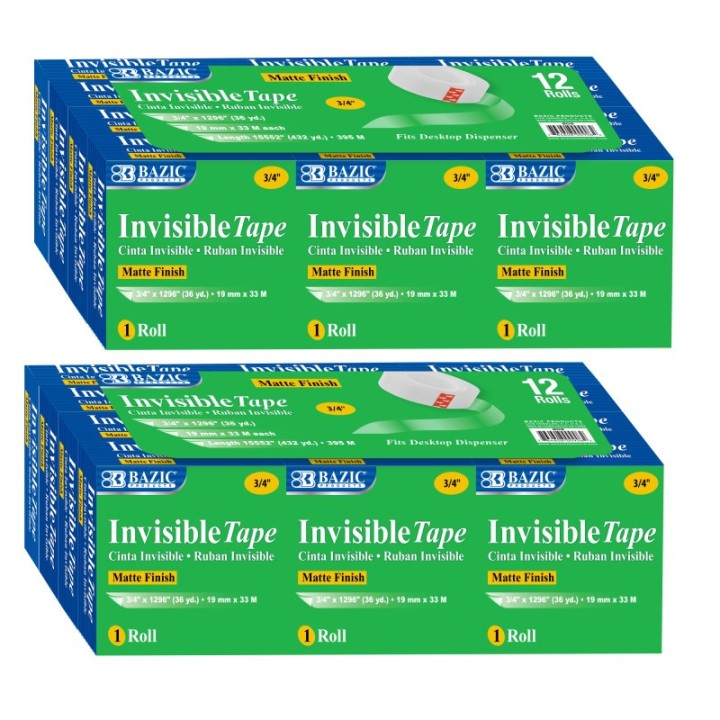BAZIC Products® Tape Refill, Invisible Tape, 3/4" x 1000", 12 Rolls Per Pack, 2 Packs
