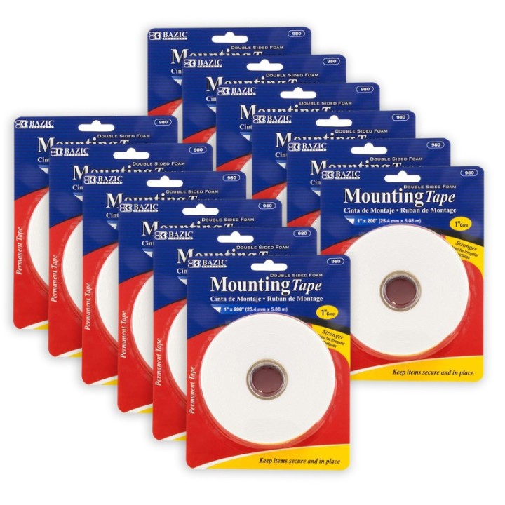BAZIC Products® Double Sided Foam Mounting Tape, 1" x 200", Pack of 12