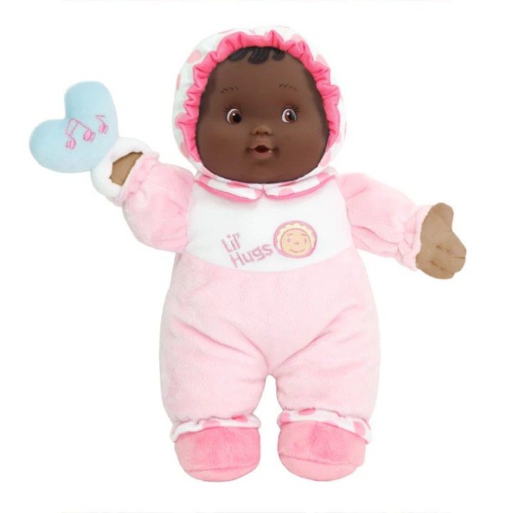JC Toys Lil' Hugs Baby's First Soft Doll, Vinyl Face, Pastel Outfits with Rattle, 12" African-American