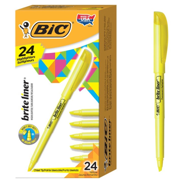BIC® Brite Liner Highlighters Markers, Chisel Tip Super Bright Yellow Fluorescent Highlighters Ink, Won't Dry Out, 24-Count Pack