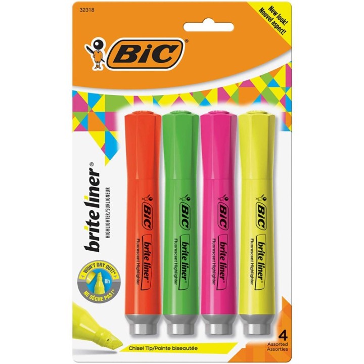 BIC® Brite Liner® Grip Tank Highlighter, Chisel Tip, Assorted Colors, Pack of 4