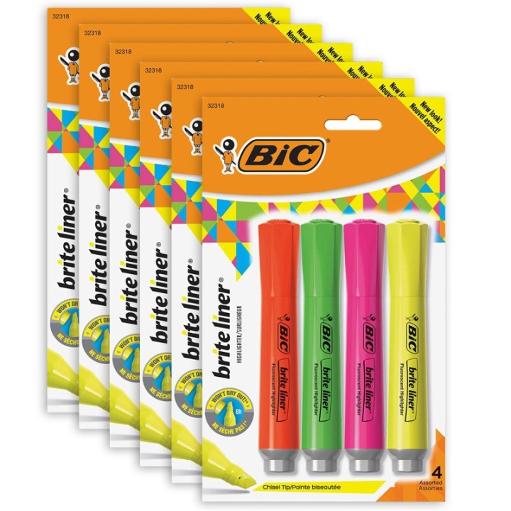 BIC® Brite Liner® Grip Tank Highlighter, Chisel Tip, Assorted Colors, 4 Per Pack, 6 Packs