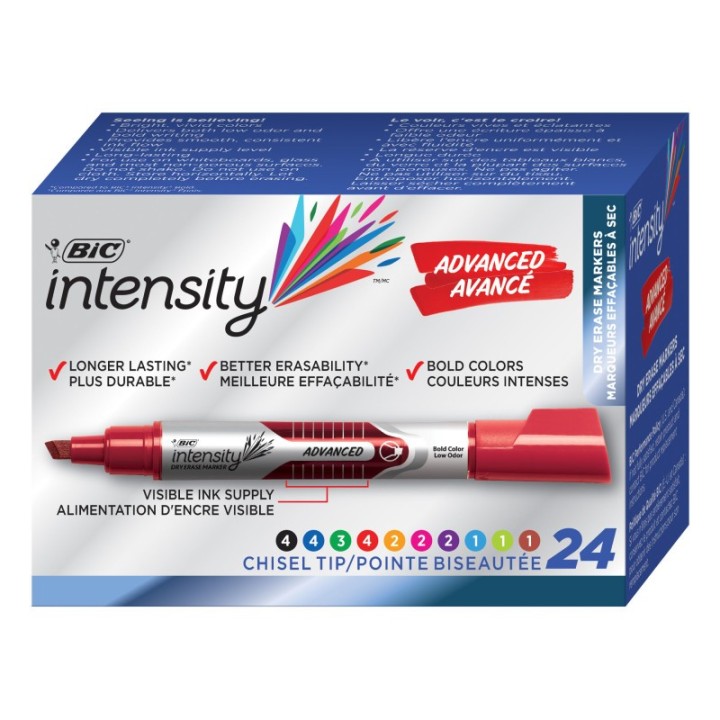 BIC® Intensity Advanced Dry Erase Marker, Tank Style, Chisel Tip, Assorted Colors, Pack of 24