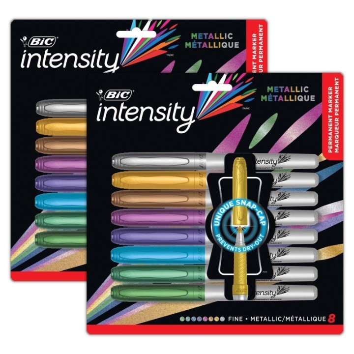 BIC® Intensity Metallic Permanent Markers, Fine Point, Assorted Metallic, 8 Per Pack, 2 Packs