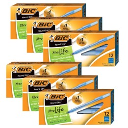 BIC® Round Stic® Pen, Medium Point, Blue, 12 Per Pack, 6 Packs
