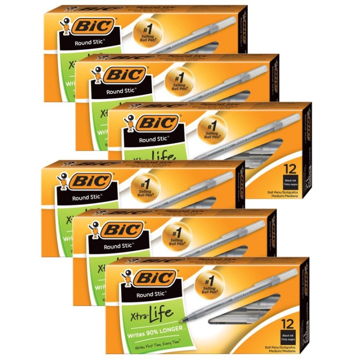 BIC® Round Stic® Pen, Medium Point, Black, 12 Per Pack, 6 Packs