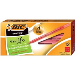 BIC® Round Stic® Pen, Medium Point, Red, Pack of 12