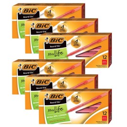 BIC® Round Stic® Pen, Medium Point, Red, 12 Per Pack, 6 Packs