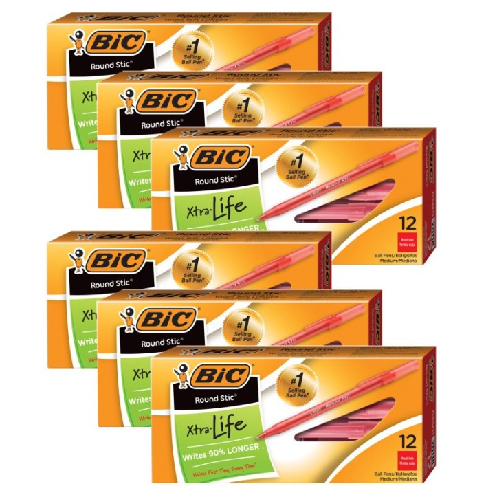 BIC® Round Stic® Pen, Medium Point, Red, 12 Per Pack, 6 Packs