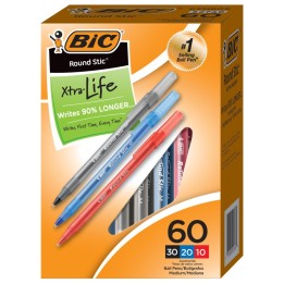 BIC® Round Stic® Xtra Life Ballpoint Pen, Medium Point (1.0mm), Assorted, Box of 60