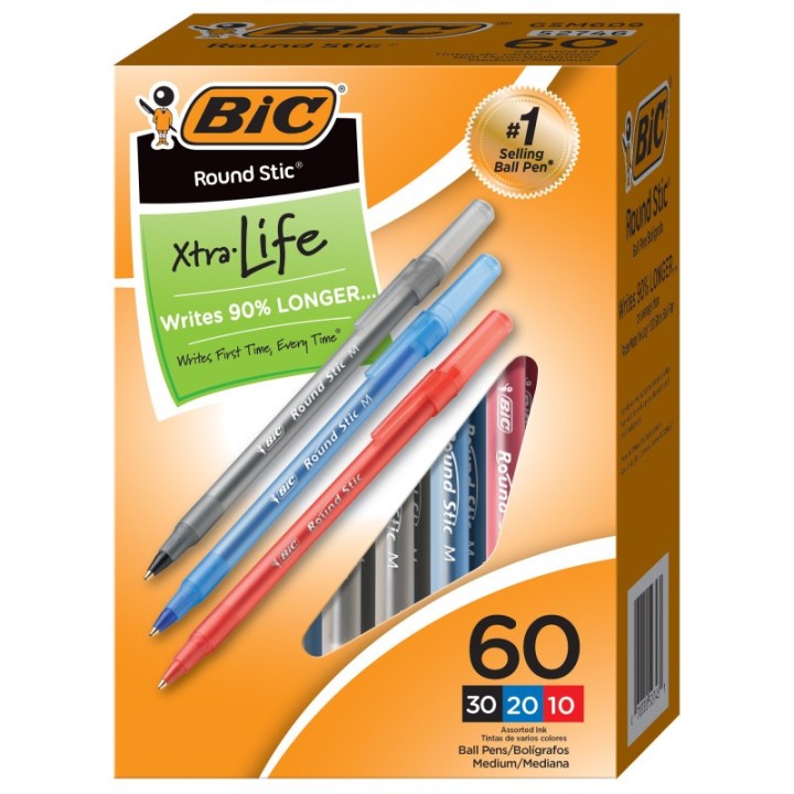 BIC® Round Stic® Xtra Life Ballpoint Pen, Medium Point (1.0mm), Assorted, Box of 60