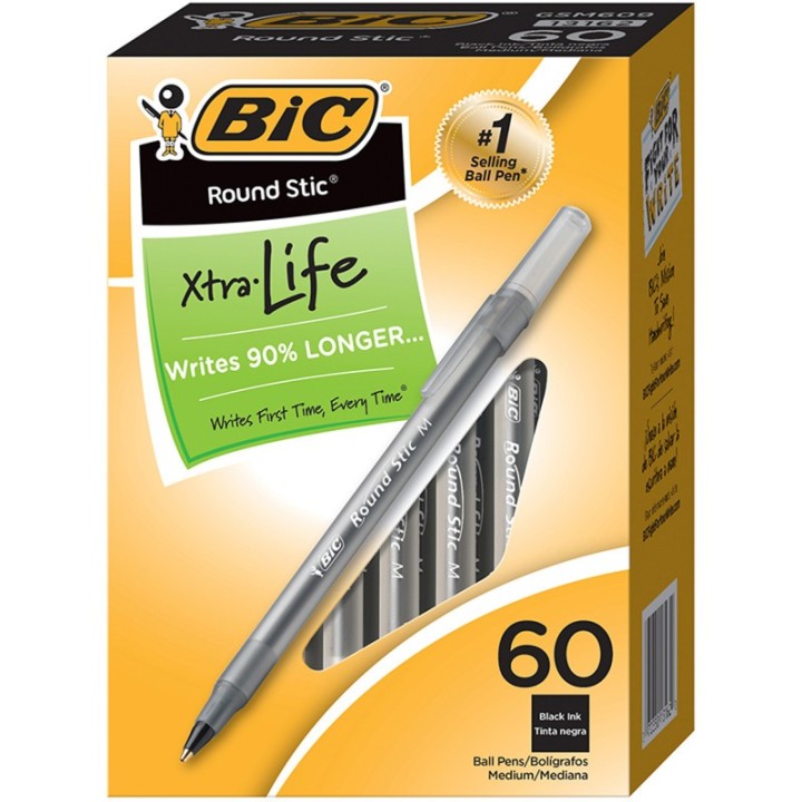 BIC® Round Stic® Xtra Life Ball Pen, Black, Pack of 60