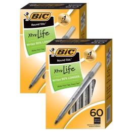 BIC® Round Stic® Xtra Life Ball Pen, Black, 60 Per Pack, 2 Packs