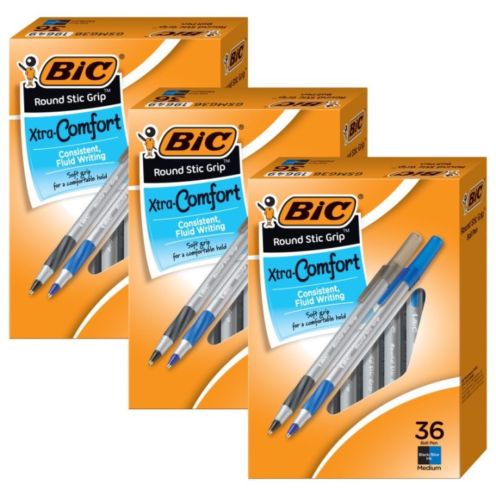 BIC® Round Stic Grip Xtra Comfort Ballpoint Pens, Medium Point (1.2mm), Assorted Colors, 36 Per Pack, 3 Packs