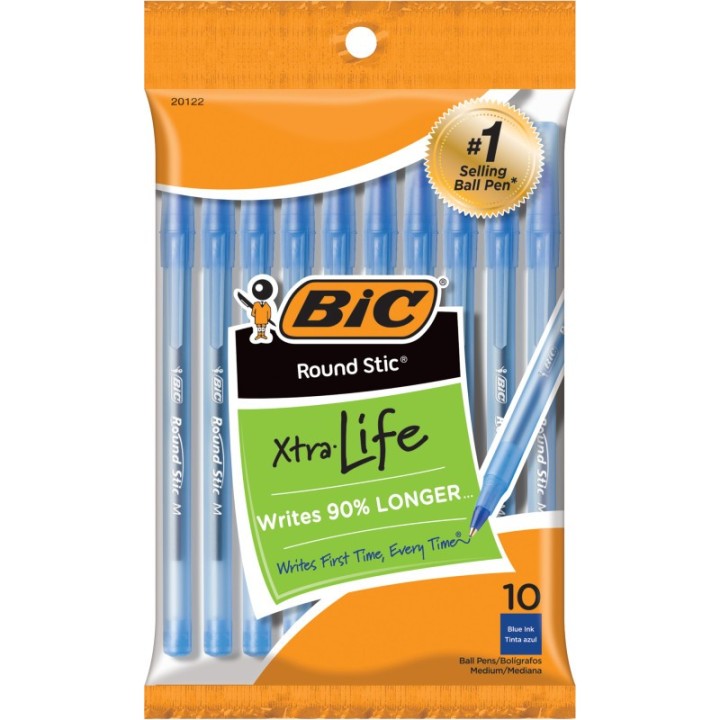 BIC® Round Stic® Xtra Life Ballpoint Pen, Medium Point (1.0mm), Blue, Pack of 10