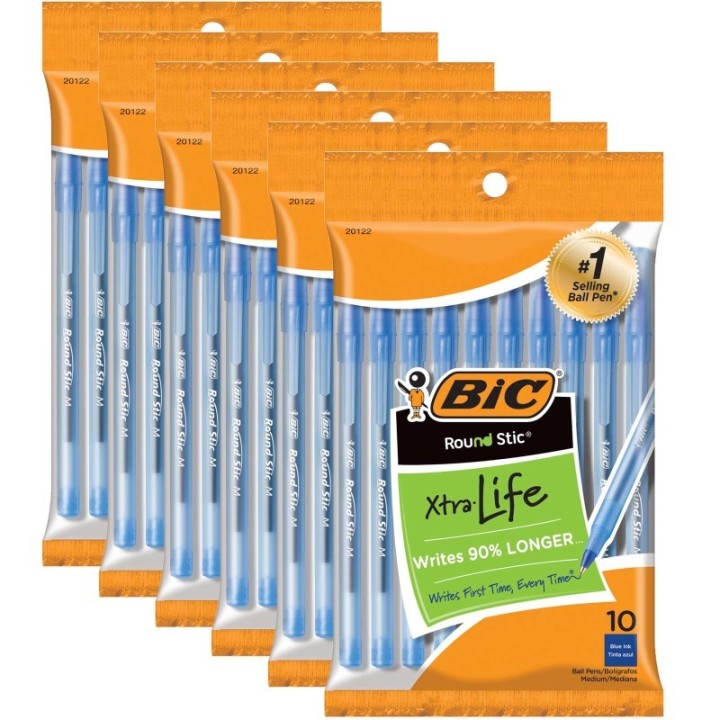 BIC® Round Stic® Xtra Life Ballpoint Pen, Medium Point (1.0mm), Blue, 10 Per Pack, 6 Packs