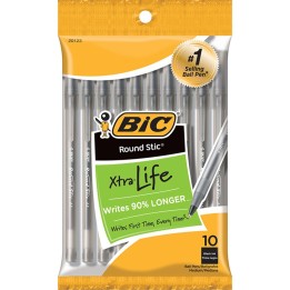 BIC® Round Stic® Xtra Life Ballpoint Pen, Medium Point (1.0mm), Black, Pack of 10